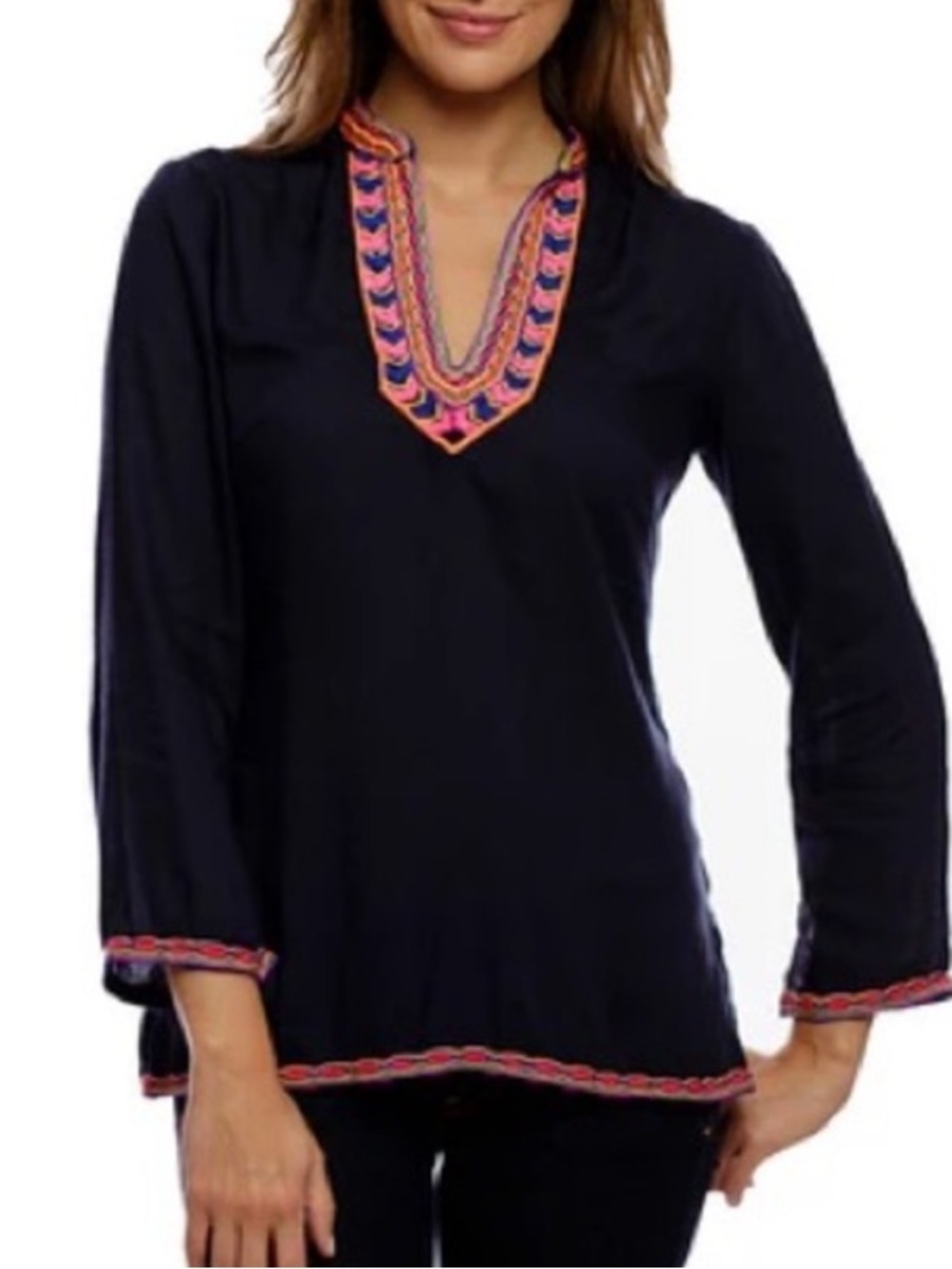 Ellie Kai Navy Blue Embroidered Colorful Kaftan Shirt Large